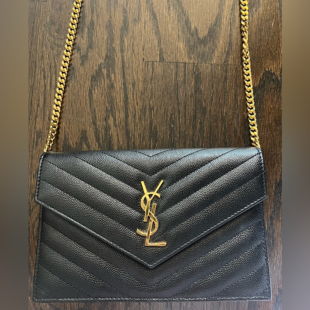 Yves Saint Laurent Chevron Black Crossbody with Gold Chain